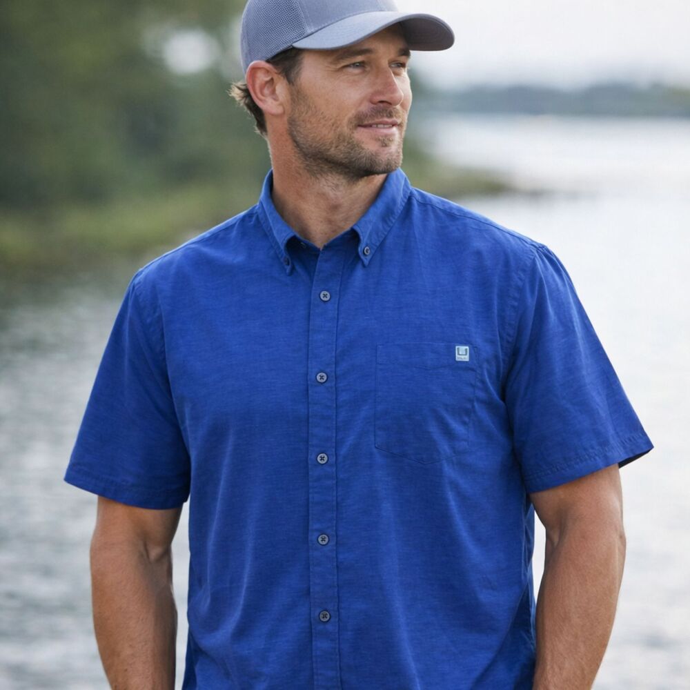 Huk Kona Button Down Shirt Mens Sz XL Deep Sea Blue Outdoors Performance Fishing